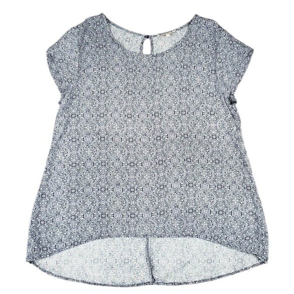 Womens L Rose & Rhyme Blue Cap Sleeves Elegant Design High-Low Pearl Keyhole Top - Picture 6 of 12